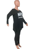 Deep Blue Casual Letter Print Patchwork Asymmetrical O Neck Long Sleeve Two Pieces