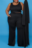 Black Casual Solid Cardigan Vests Pants O Neck Plus Size Two Pieces