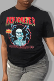 Grey Casual Street Skull Patchwork Letter O Neck T-Shirts