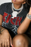 Dark Gray Street Print Patchwork O Neck T-Shirts