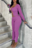 Purple Sexy Casual Solid Hollowed Out Patchwork Metal Accessories Decoration O Neck Long Sleeve Two Pieces