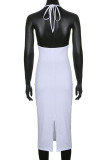 White Sexy Solid Patchwork Backless Halter One Step Skirt Dresses