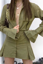 Army Green Casual Solid Patchwork Turndown Collar Shirt Dress Dresses