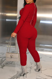 Red Casual Solid Hollowed Out Patchwork Asymmetrical Asymmetrical Collar Skinny Jumpsuits