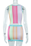 Colour Sexy Striped Patchwork O Neck Sleeveless Two Pieces