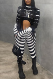 Black Sexy Striped Print Hollowed Out Patchwork Half A Turtleneck Skinny Jumpsuits