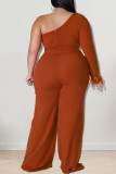 Red Casual Solid Patchwork Oblique Collar Plus Size Jumpsuits