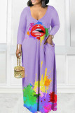 Purple Casual Print Patchwork V Neck Straight Dresses