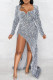 Silver Sexy Formal Patchwork Sequins Slit V Neck Evening Dress Dresses