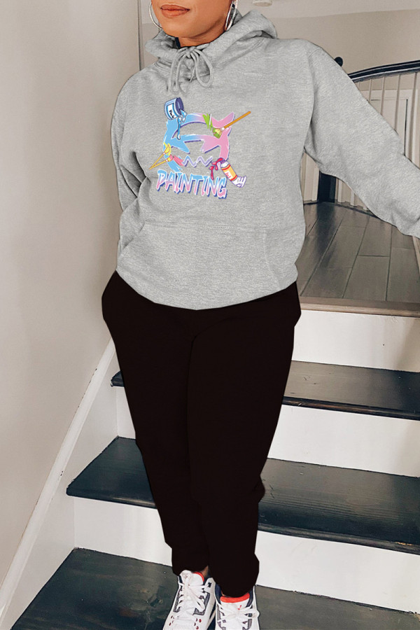 Grey Casual Print Patchwork Hooded Collar Long Sleeve Two Pieces