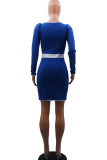 Blue Casual Solid Patchwork Draw String Buckle U Neck Pencil Skirt Dresses