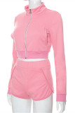 Pink Casual Solid Patchwork Zipper Collar Long Sleeve Two Pieces