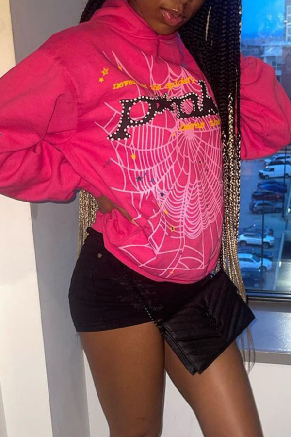 Rose Red Casual Print Patchwork Hooded Collar Tops