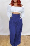 Blue Casual Solid Patchwork High Waist Straight Solid Color Bottoms