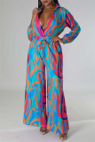 Rose Red Casual Print Patchwork V Neck Regular Jumpsuits