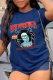 Navy Blue Casual Street Skull Patchwork Letter O Neck T-Shirts