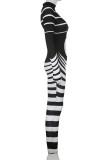Black Sexy Striped Print Hollowed Out Patchwork Half A Turtleneck Skinny Jumpsuits