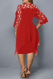 Red Casual Solid Patchwork O Neck One Step Skirt Plus Size Dresses