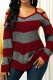Brick Red Casual Striped Print Patchwork Spaghetti Strap Tops