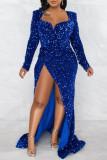 Blue Sexy Formal Patchwork Sequins Slit V Neck Evening Dress Dresses