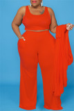 Orange Casual Solid Cardigan Vests Pants O Neck Plus Size Two Pieces
