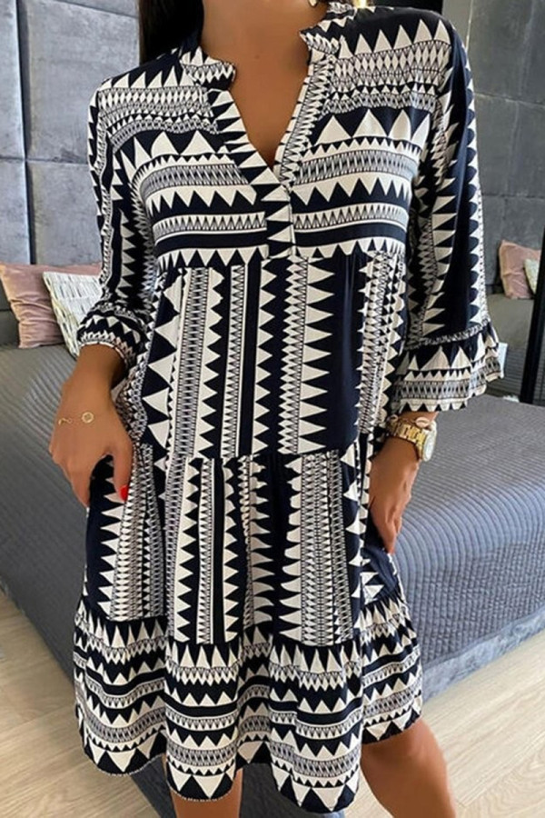 Tibetan Blue Casual Daily Geometric Print Patchwork V Neck Long Sleeve Dresses