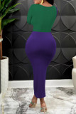 Purple Sexy Solid Hollowed Out Patchwork V Neck Pencil Skirt Dresses