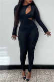 Blue Sexy Casual Solid Hollowed Out O Neck Skinny Jumpsuits
