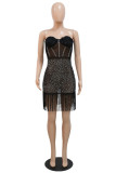 Blue Sexy Patchwork Hot Drilling Tassel Backless Strapless Sleeveless Dress