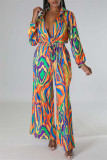 Rose Red Casual Print Patchwork V Neck Regular Jumpsuits