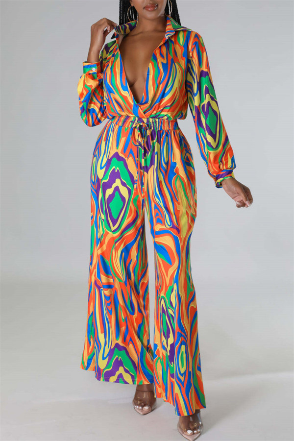 Orange Casual Print Patchwork V Neck Regular Jumpsuits
