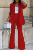 Red Casual Solid Cardigan Pants Turn-back Collar Long Sleeve Two Pieces