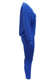 Blue Casual Letter Print Patchwork O Neck Long Sleeve Two Pieces