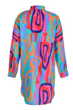 Pink Casual Print Patchwork Buckle Turndown Collar Shirt Dress Dresses