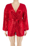 Red Casual Solid Bandage Sequins Patchwork V Neck Plus Size Jumpsuits