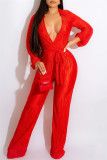 Red Casual Solid Patchwork V Neck Regular Jumpsuits
