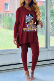 Blue Casual Print Patchwork V Neck Long Sleeve Two Pieces