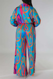 Rose Red Casual Print Patchwork V Neck Regular Jumpsuits