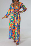 Rose Red Casual Print Patchwork V Neck Regular Jumpsuits