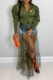 Army Green Street Print Patchwork Mesh Turndown Collar Tops