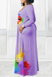 Purple Casual Print Patchwork V Neck Straight Dresses