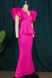 Rose Red Sexy Formal Solid Patchwork V Neck Evening Dress Dresses