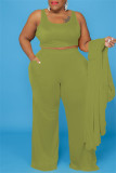 Green Casual Solid Cardigan Vests Pants O Neck Plus Size Two Pieces