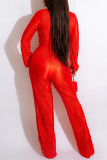 Red Casual Solid Patchwork V Neck Regular Jumpsuits