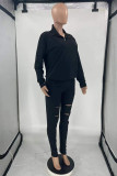 Grey Casual Solid Ripped Patchwork Zipper Collar Long Sleeve Two Pieces
