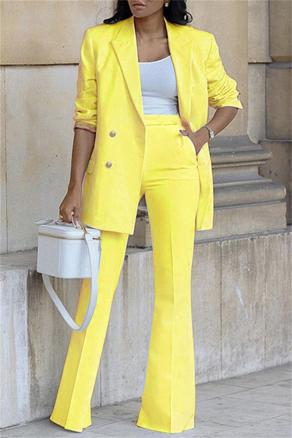 Yellow Casual Solid Cardigan Pants Turn-back Collar Long Sleeve Two Pieces