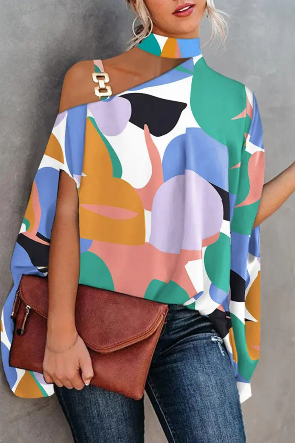 Multicolor Casual Print Patchwork Asymmetrical Half A Turtleneck Tops