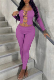 Purple Sexy Casual Solid Hollowed Out Patchwork Metal Accessories Decoration O Neck Long Sleeve Two Pieces