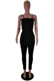 Black Casual Solid Patchwork Spaghetti Strap Skinny Jumpsuits