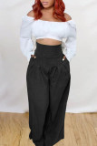Blue Casual Solid Patchwork High Waist Straight Solid Color Bottoms